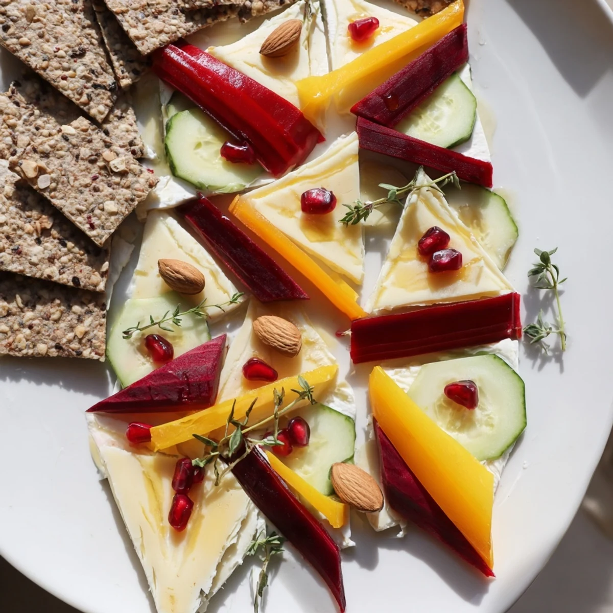 Vibrant The Tessellation Triangle board showcasing cheddar, goat cheese, pear, and crackers; a visually stunning appetizer.