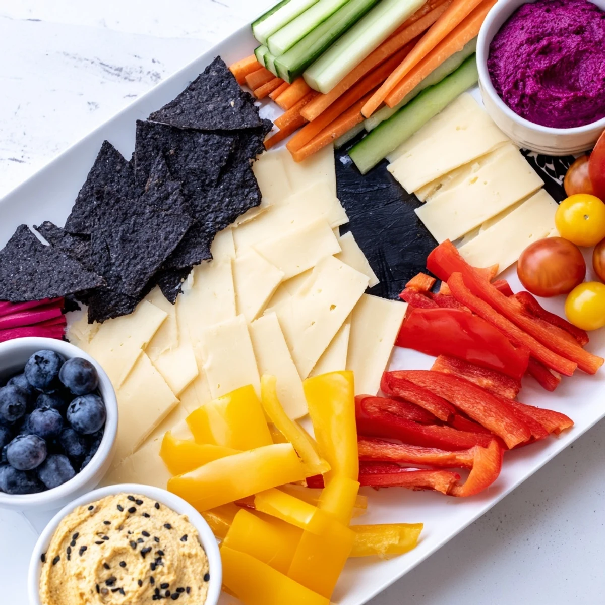 Zig-Zag Lightning Strike appetizer board with colorful veggies, cheeses, and dips arranged artfully.
