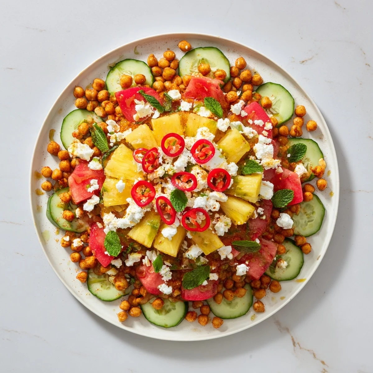 A vibrant, concentric rings of flavor appetizer featuring sweet pineapple and spicy chickpeas.