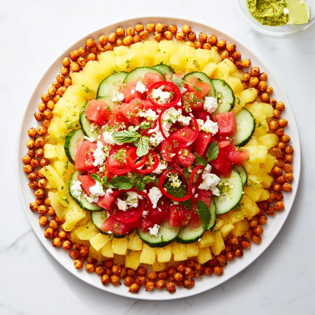 This stunning concentric rings of flavor dish showcases a beautiful arrangement of colorful, fresh ingredients.