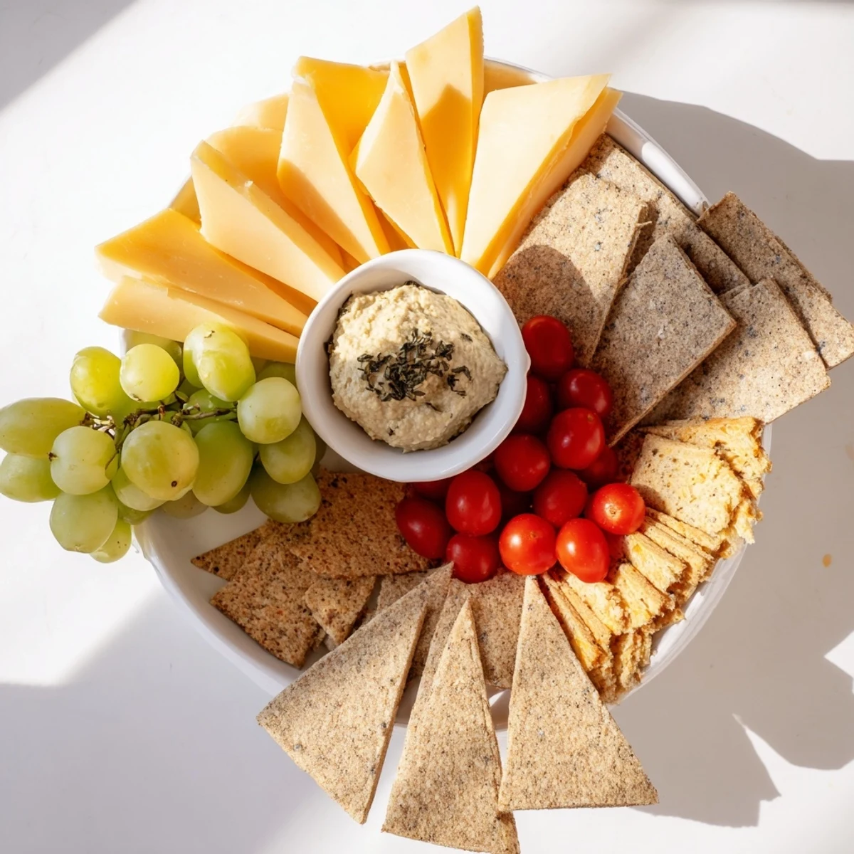 A beautifully arranged Arrowhead Directional Board with cheeses, meats, and colorful veggies pointing to a dip.