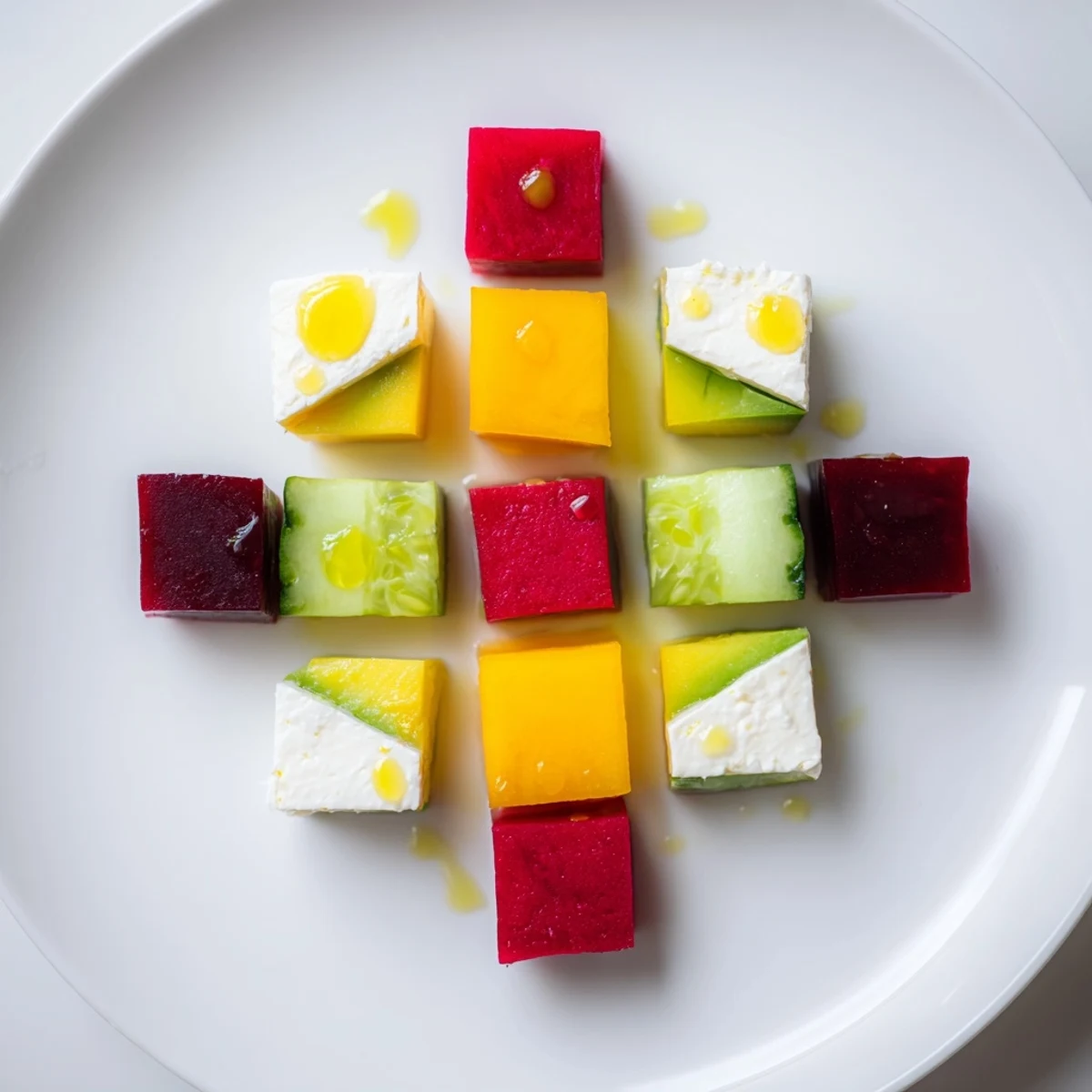 Perfectly cubed Cube Geometry Salad, brightly colored and arranged for a stunning appetizer.