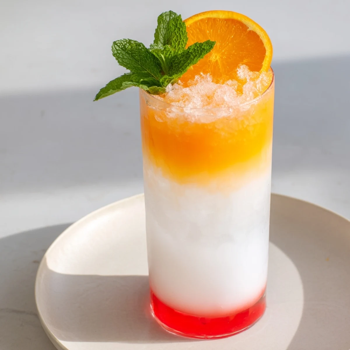 Creamy white coconut base with a vibrant Alpine Sunrise mocktail, a refreshing brunch drink.