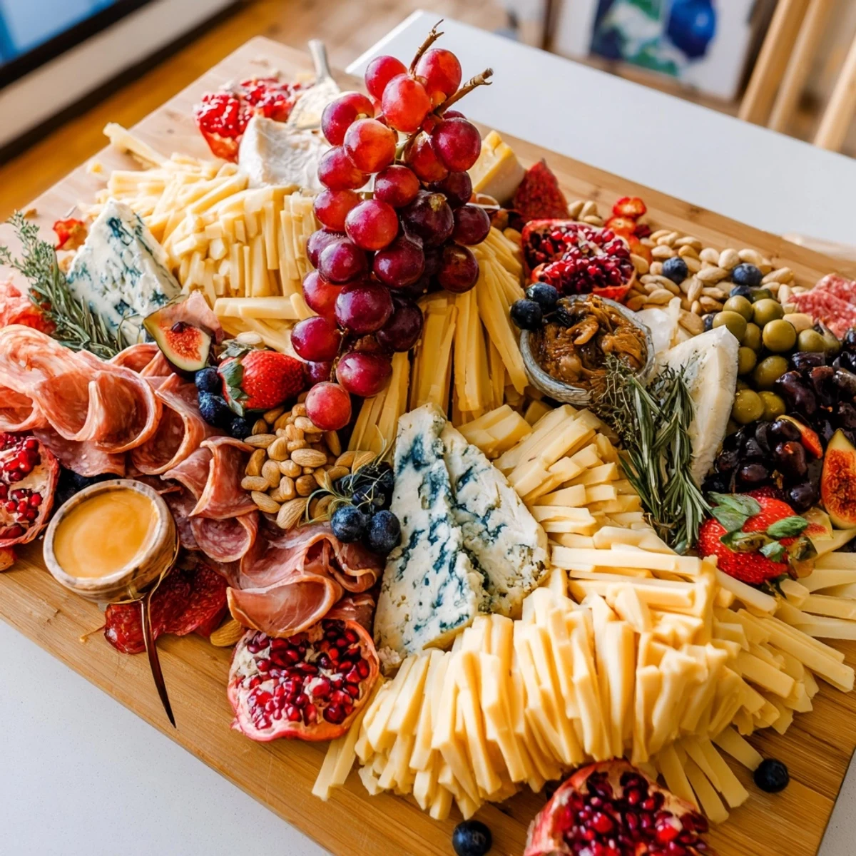 A luscious "Final Curtain" grazing board overflowing with cheeses, fruits, and charcuterie for serving.