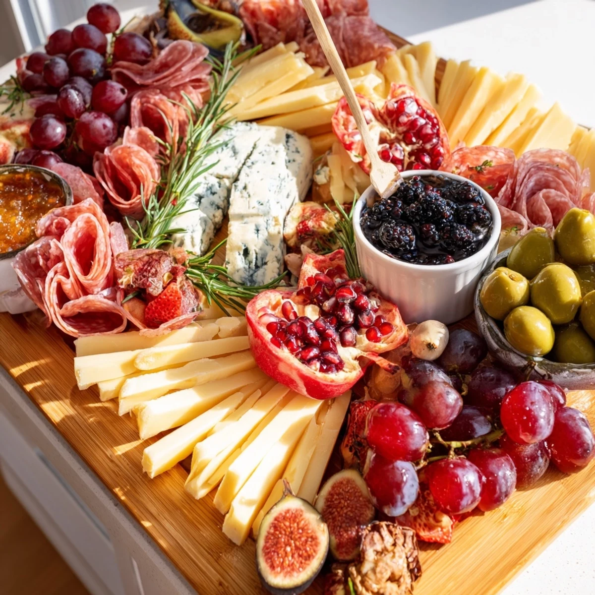 Elegantly arranged "Final Curtain" appetizer board showcasing brie, grapes, and prosciutto spilling over the edge.