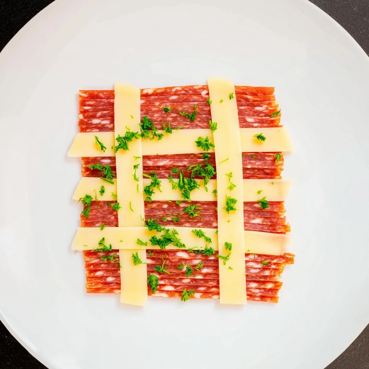 Savory The Tartan Plaid appetizer with layers of colorful jerky and creamy cheese—a delicious treat.