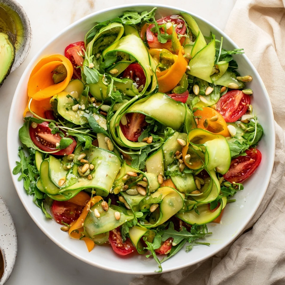 A visually appealing Golden Ratio Salad, featuring colorful vegetables and a zesty lemon dressing.