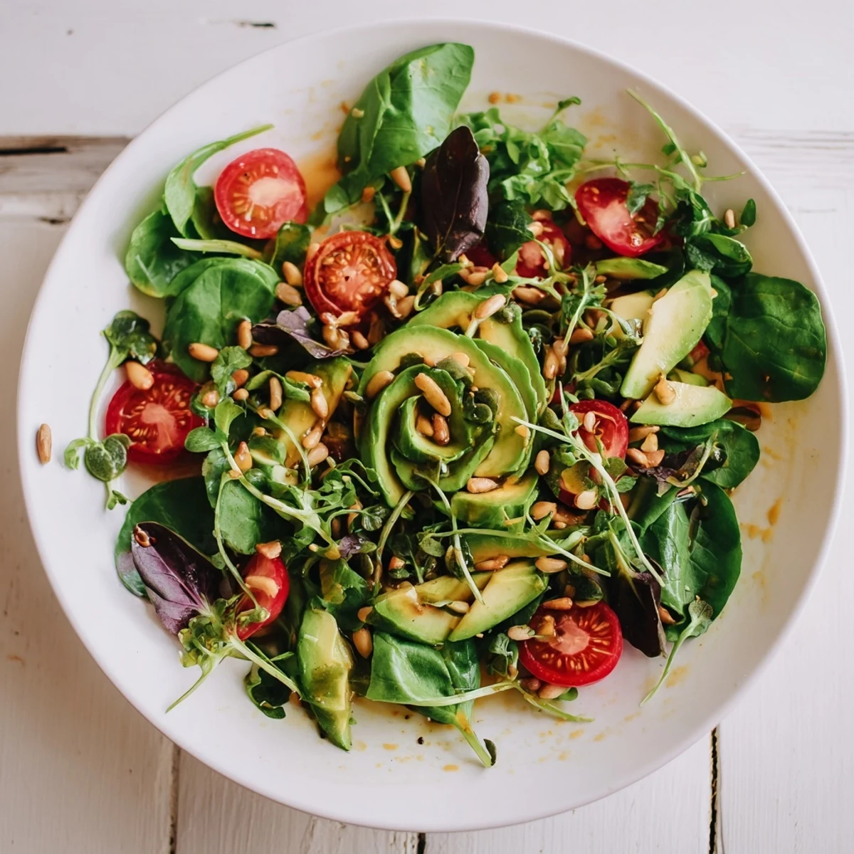 Fresh Golden Ratio Salad with feta and pine nuts, arranged beautifully on a serving platter for all.
