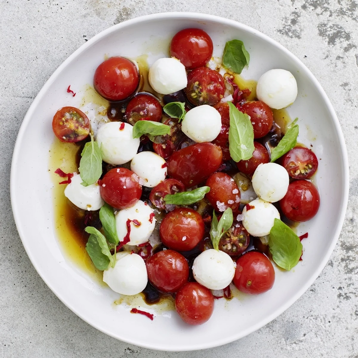 Fresh Pearly Strand salad with juicy tomatoes and mozzarella pearls arranged artfully.