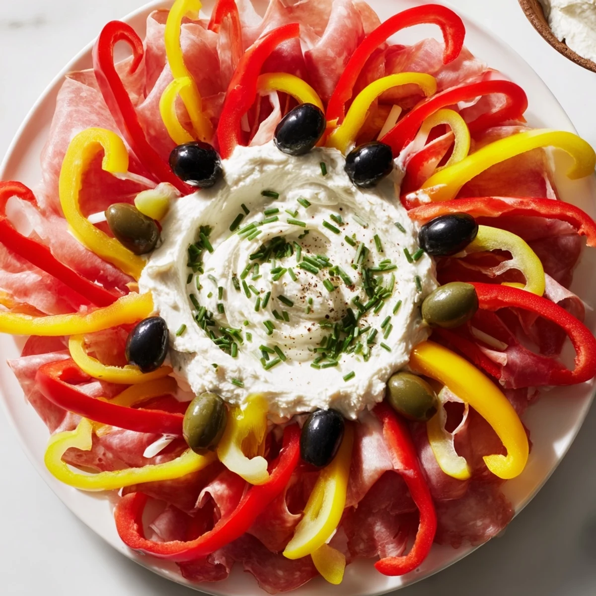 Vibrant photo: The Medusa Curls party platter with radiating meat and pepper "snakes" around creamy dip.
