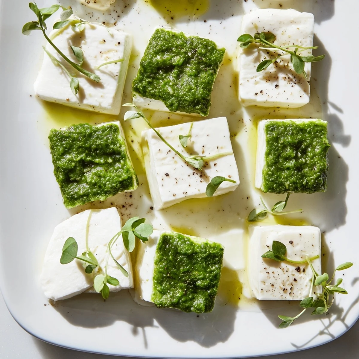 Visually appealing The Checkerboard Garden appetizer, a mosaic of cheeses and herb-mix squares.