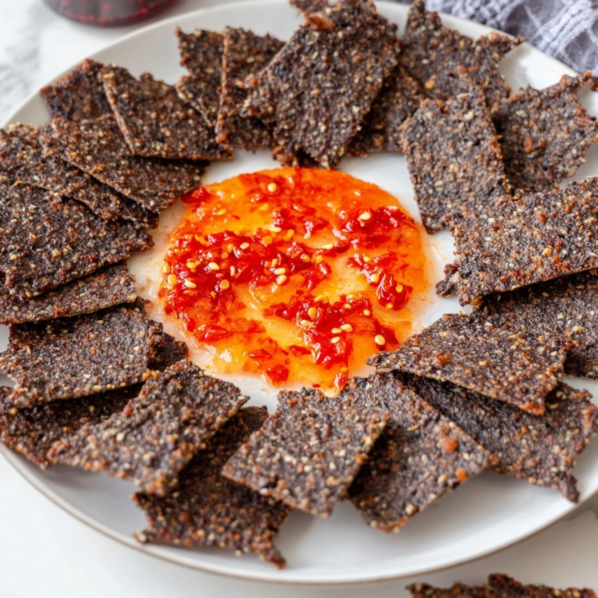 Volcanic Flow appetizer: Crispy black crackers encircle vibrant red, spicy-sweet jelly in this party-ready creation.