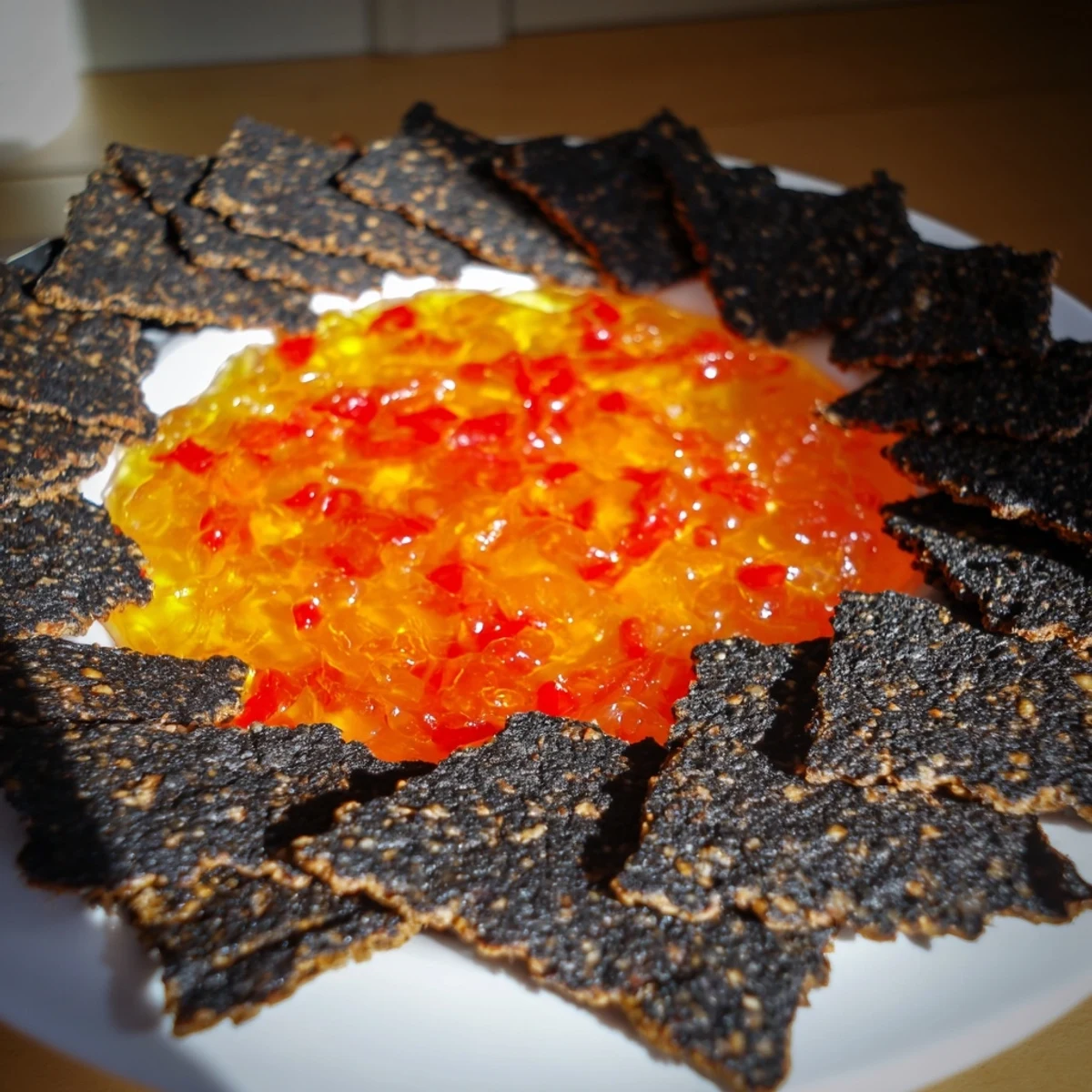 Get ready for a delicious, spicy Volcanic Flow! Dip the dark crackers into the red, fiery jelly center.