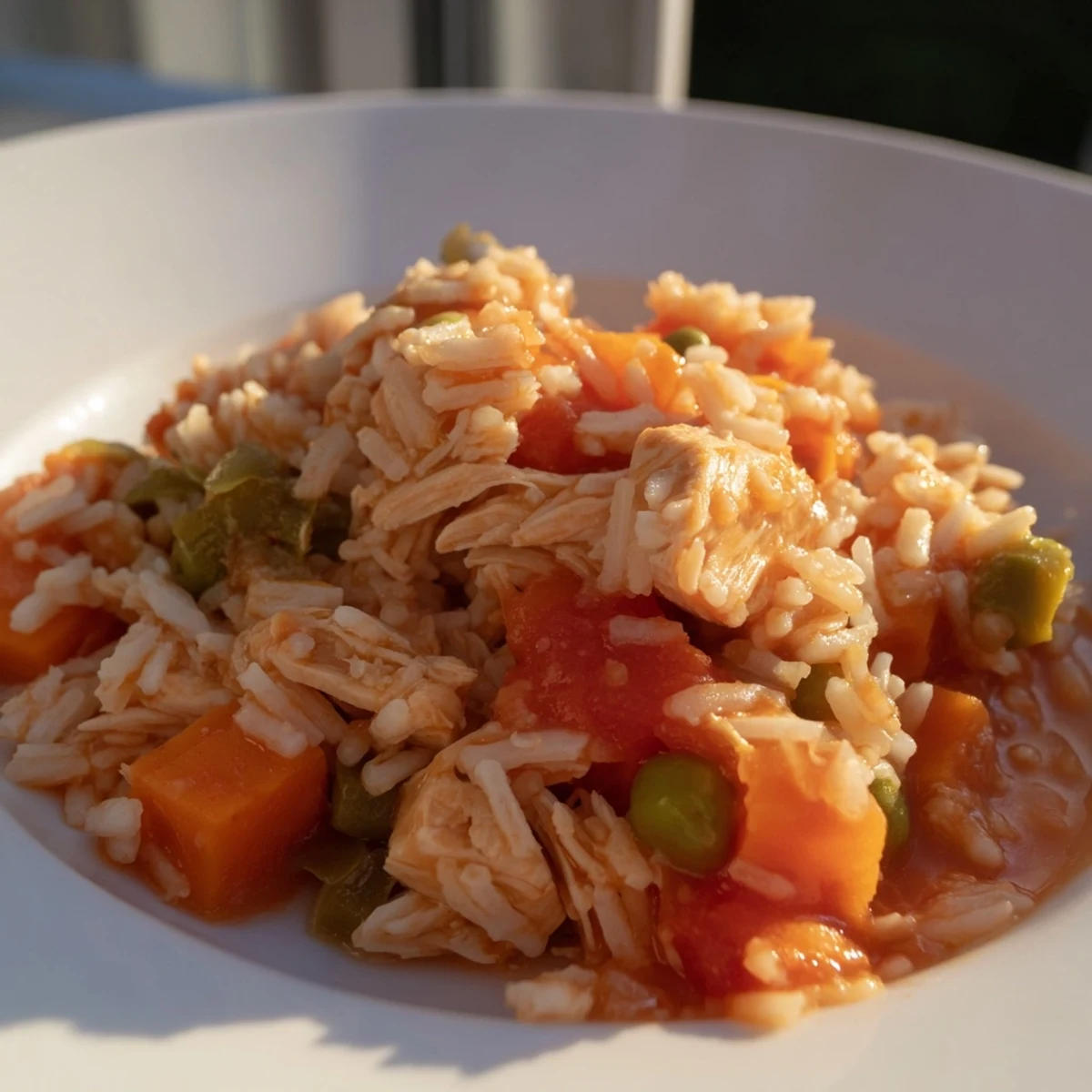 A close-up of steaming One-Pot Chicken and Rice, with visible tender chicken and fluffy rice in a rich sauce.
