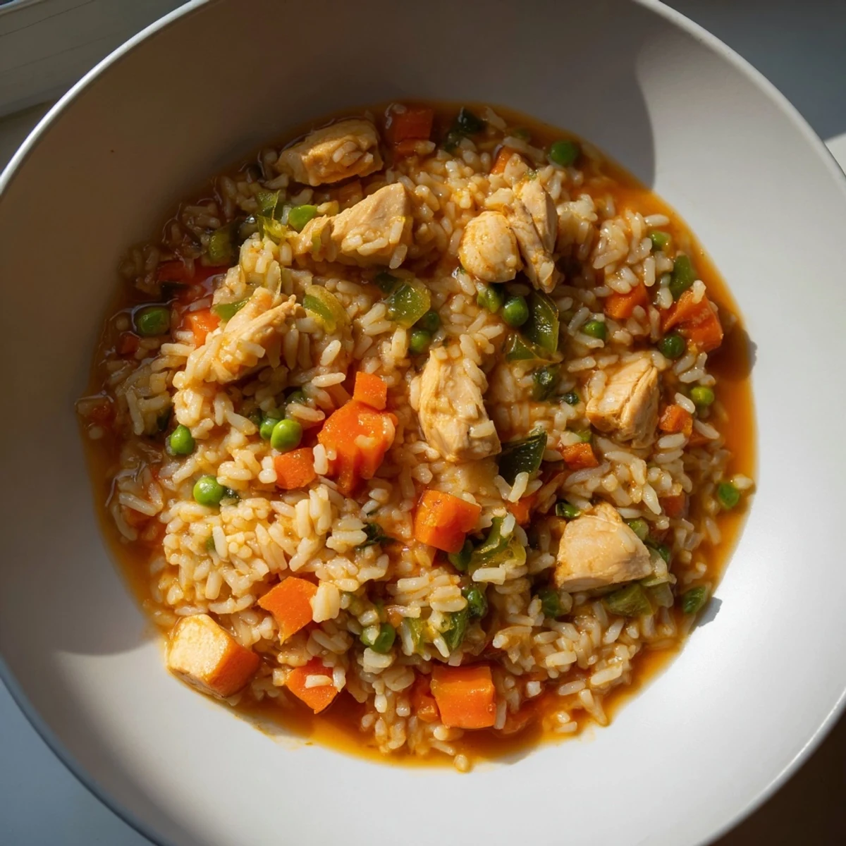 This vibrant One-Pot Chicken and Rice dish, a complete meal, with aromatic spices and budget-friendly ingredients.