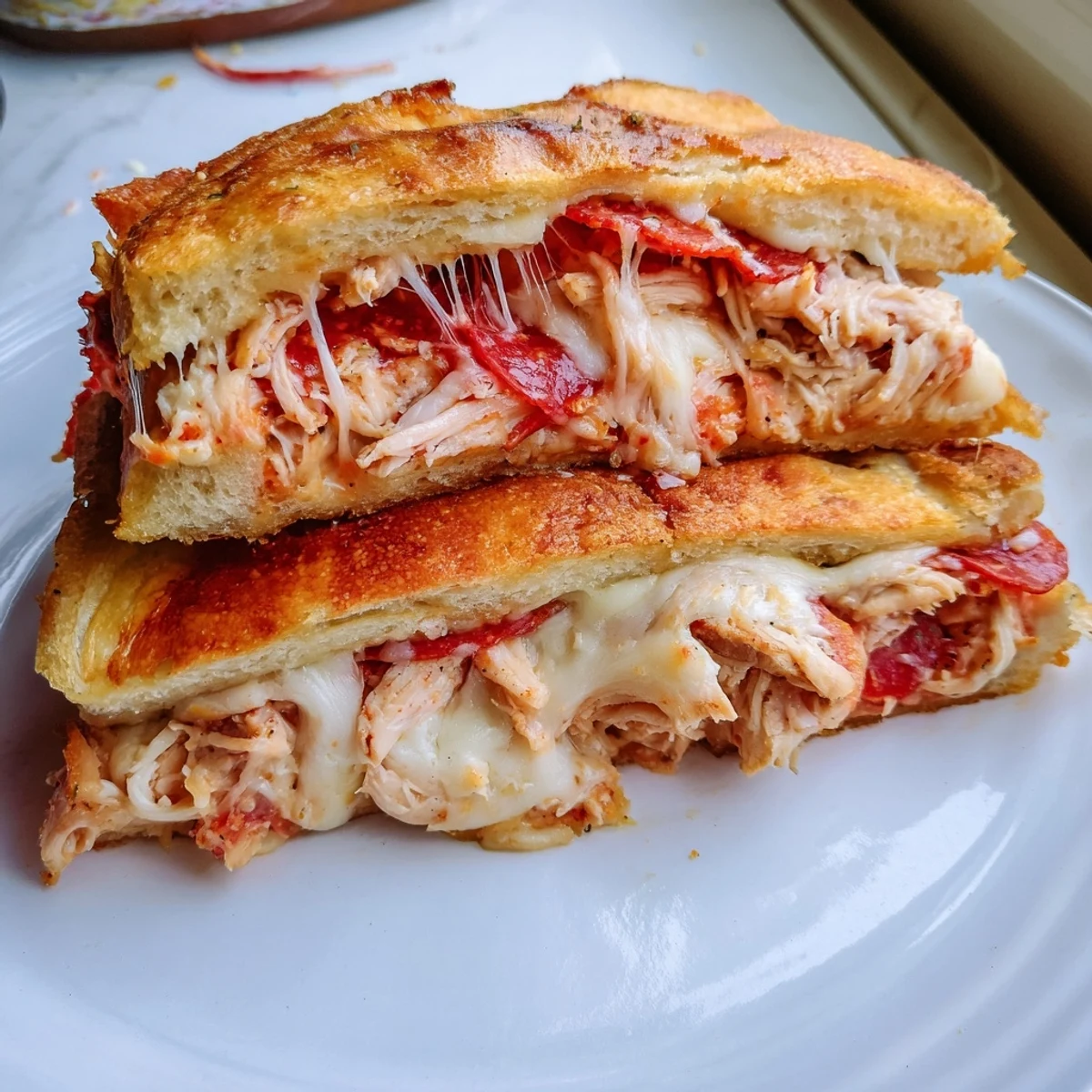 Golden-brown Leftover Pizza Grilled Cheese with melted cheese and juicy chicken filling.