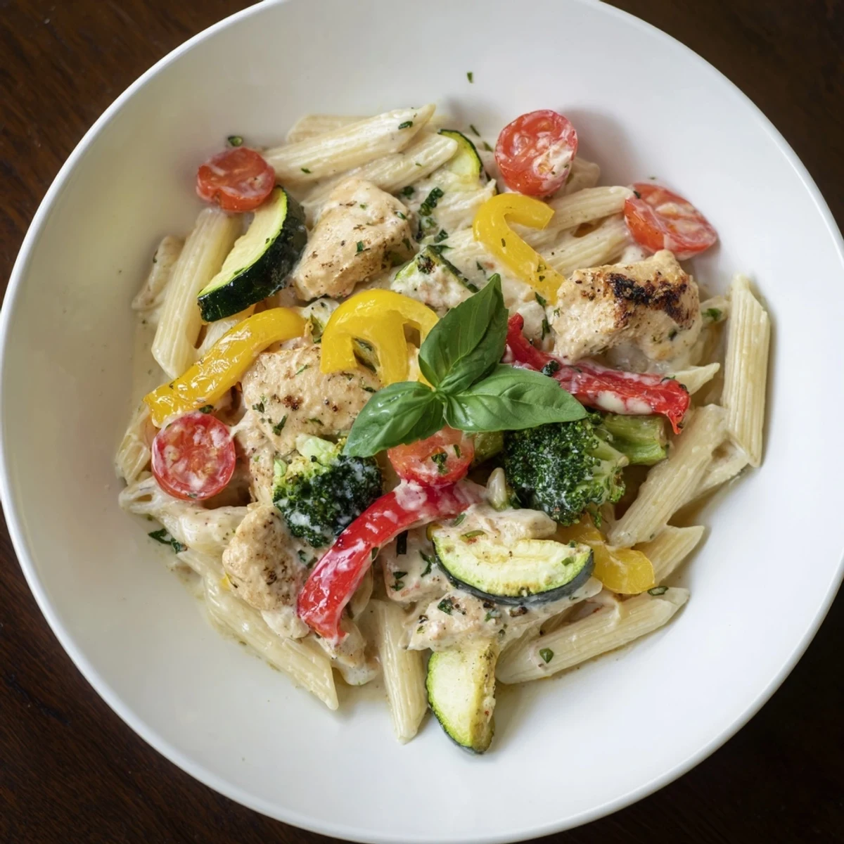 Steaming hot 5-4-3-2-1 Pasta Primavera, a colorful chicken and veggie dish with fresh basil.