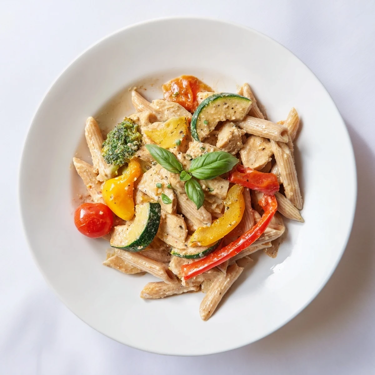 A close-up of creamy 5-4-3-2-1 Pasta Primavera, full of tender chicken and vibrant vegetables ready to eat.