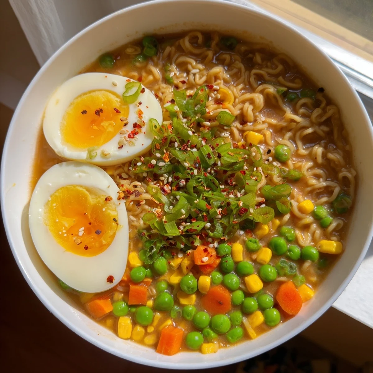 Steaming bowl of Ramen Upgrade with Frozen Peas, garnished with sliced green onions and a soft egg.