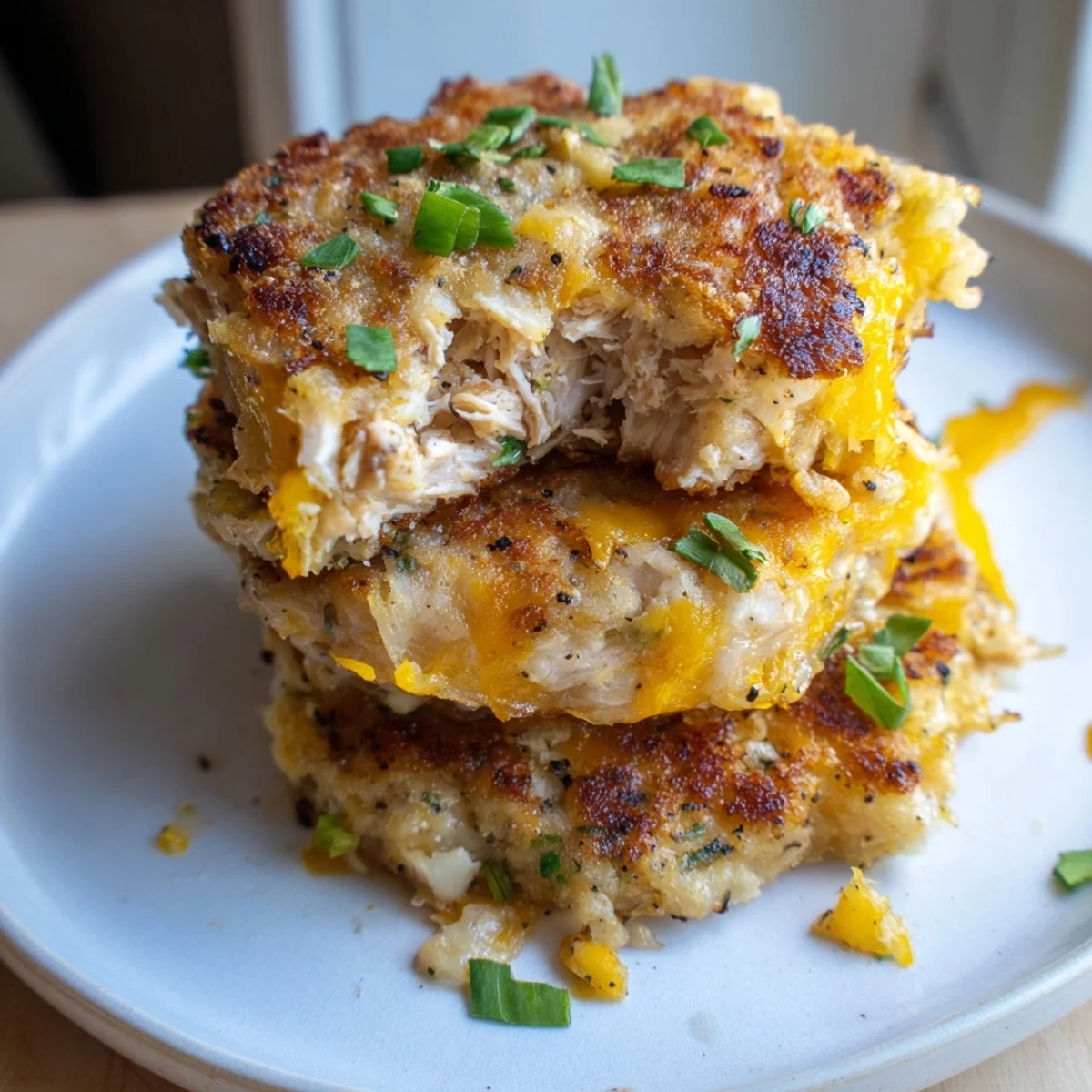Golden-brown potato and chicken cakes, a savory delight, perfect for a satisfying homemade meal.