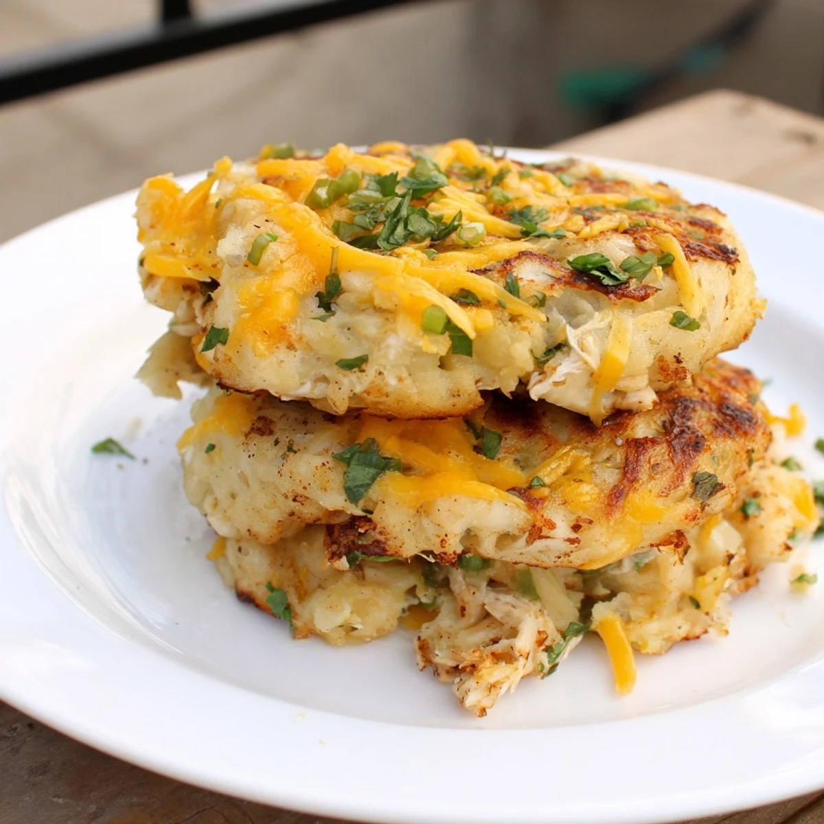 Crispy edges and a tender interior describe these easy-to-make potato and chicken cakes, ready to enjoy.