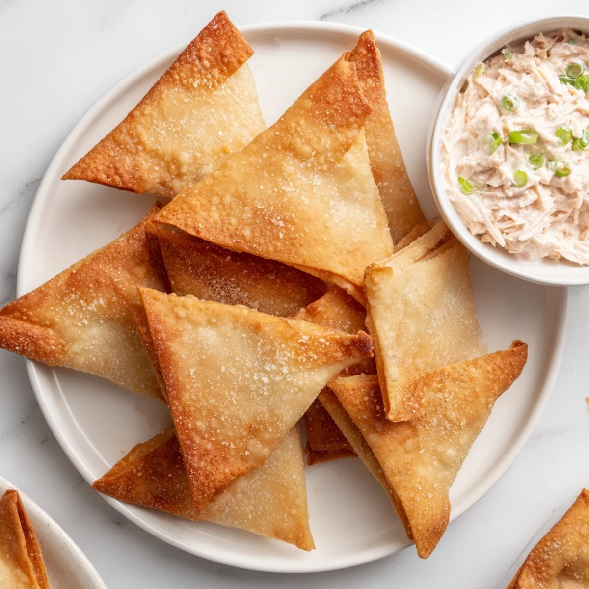 Golden, crispy air fryer lumpia chips alongside a creamy chicken cream cheese dip, ready to enjoy.