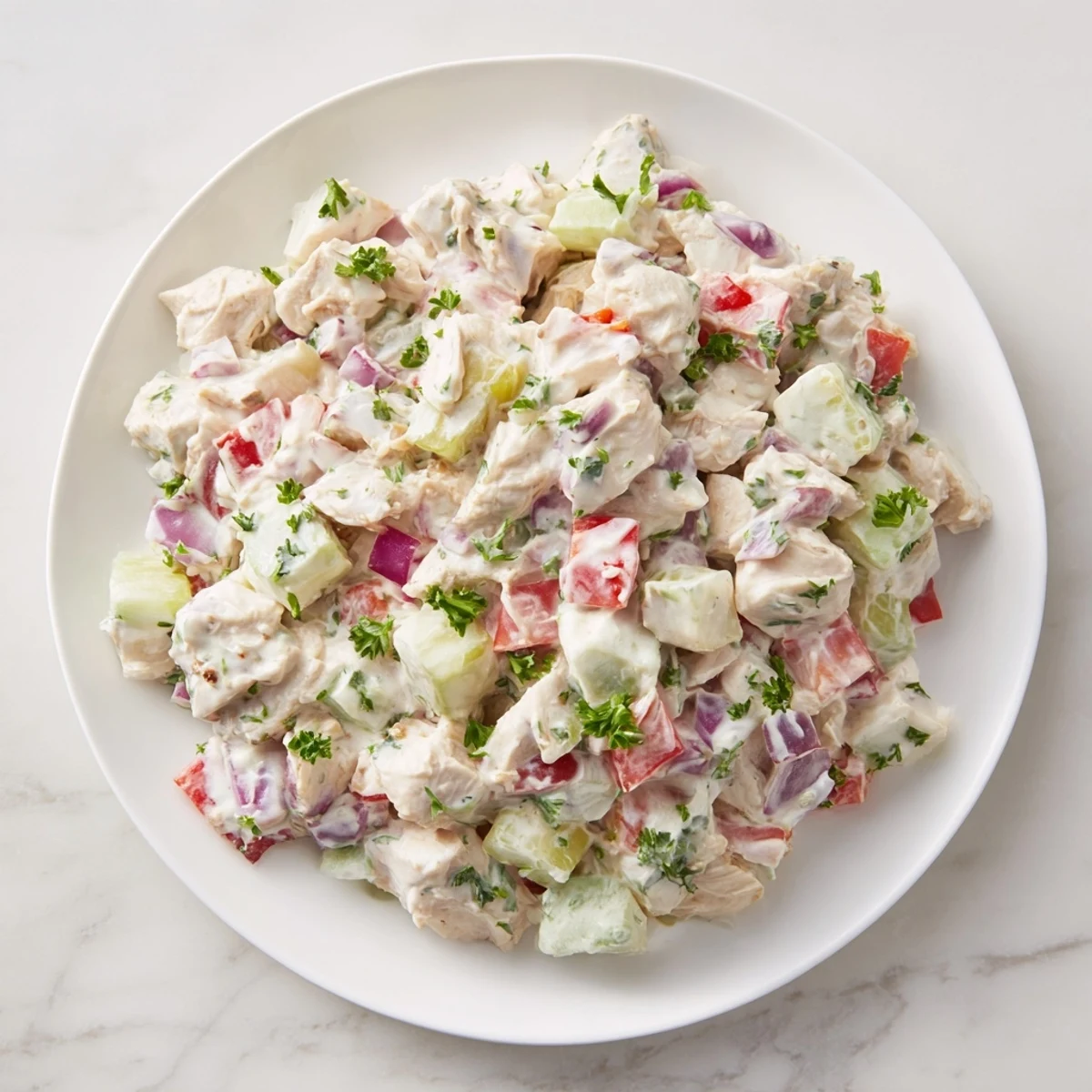 This flavorful, gluten-free canned chicken salad, seasoned with Mrs. Dash, sits ready to serve.