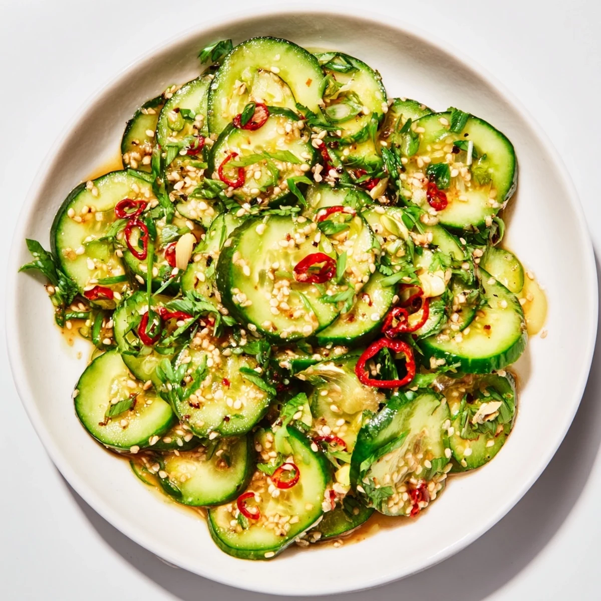 Vibrant Tangy Shaken Asian-Style Cucumber Salad, showcasing the crisp cucumbers and zesty dressing.