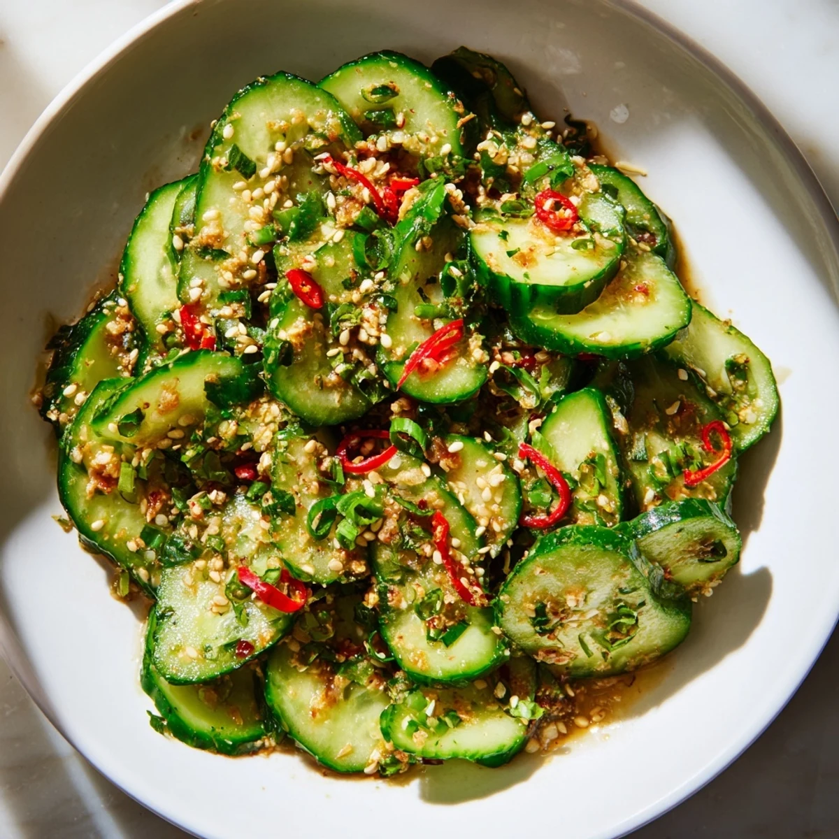Bright green Tangy Shaken Asian-Style Cucumber Salad with visible sesame seeds in an appealing bowl.