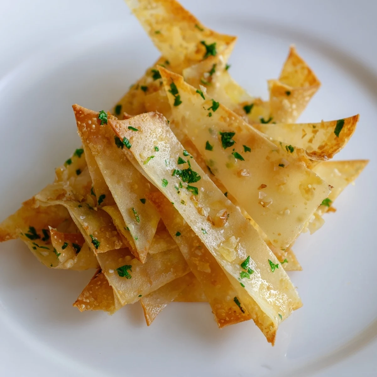 Golden brown and crispy garlic lumpia chips ready to enjoy as a flavorful, easy snack.