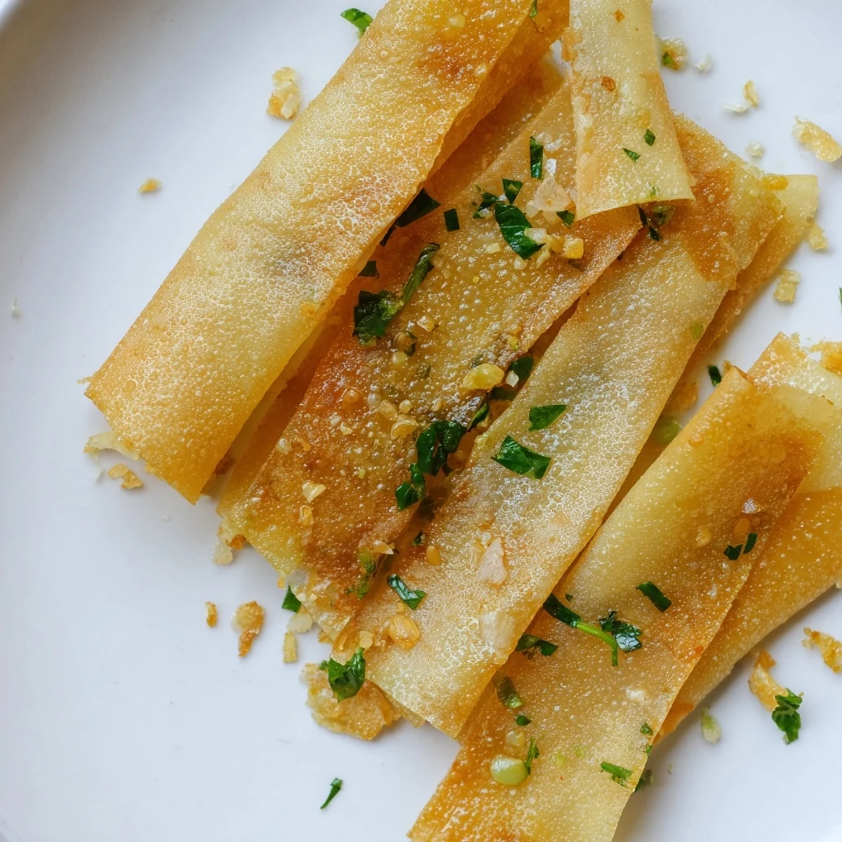 Close-up of crispy garlic lumpia chips, showcasing the golden color and savory garlic aroma.
