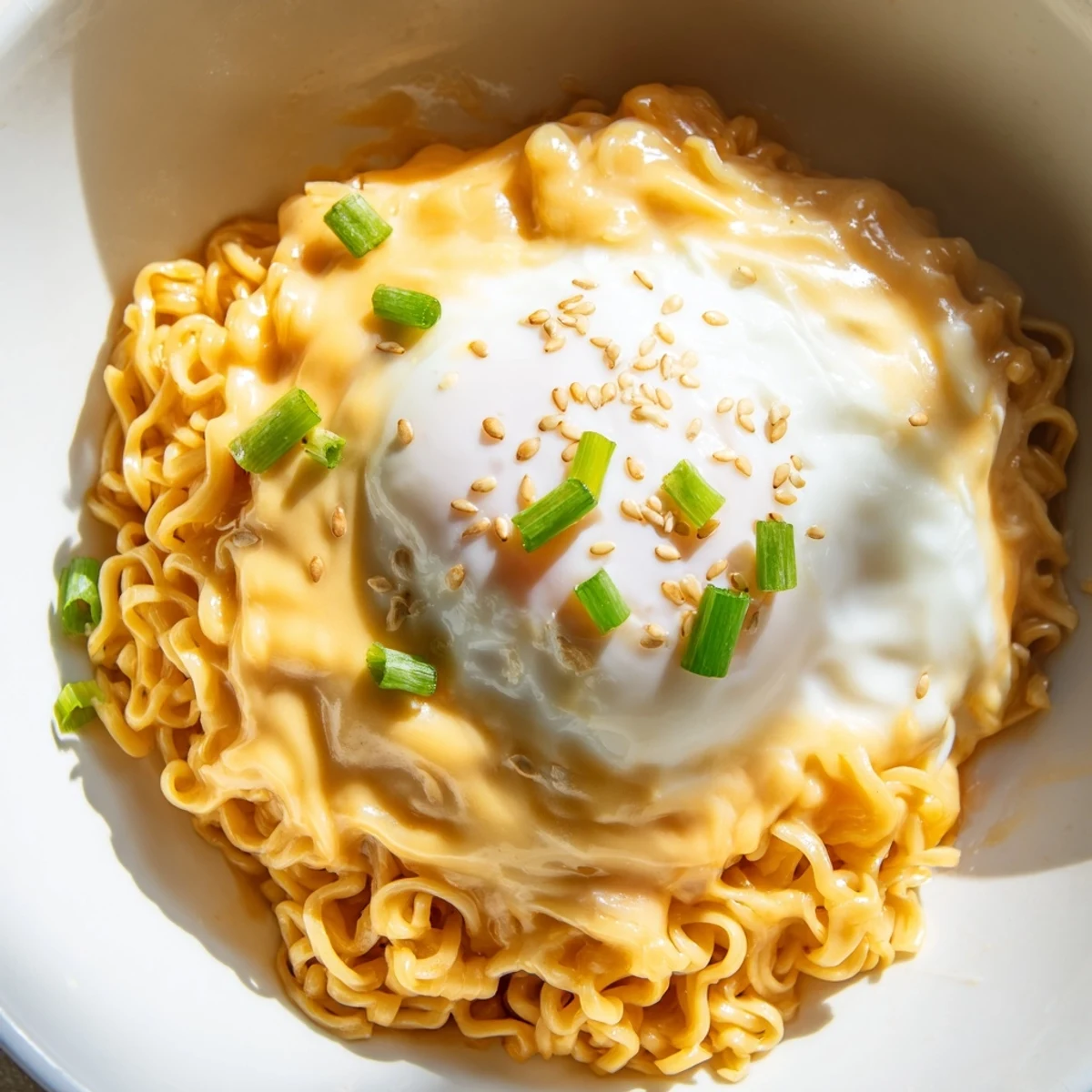 A steaming Instant Cheese Ramen Bowl with a perfectly poached egg, ready for a flavorful bite.