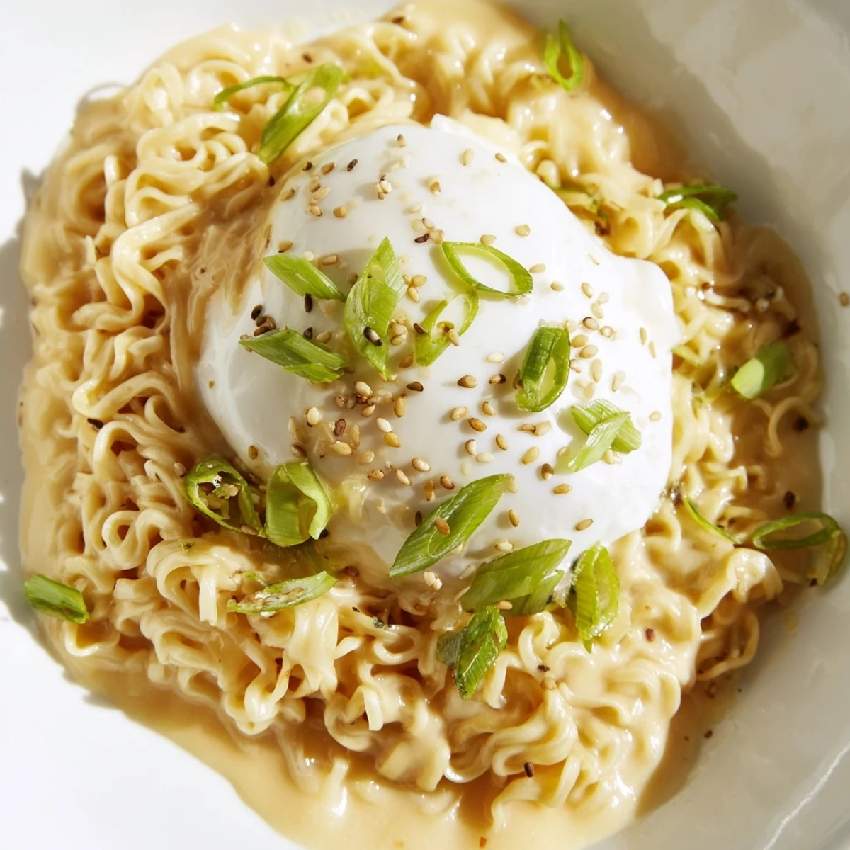 Creamy, cheesy Instant Cheese Ramen Bowl, garnished with fresh green onion and sesame seeds.