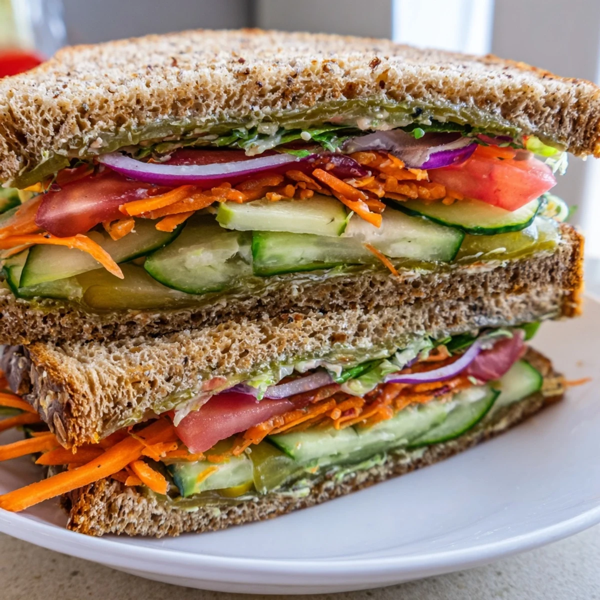 This Dill Pickle Sandwich shows a close-up of the overflowing, crunchy layers, ready to eat.