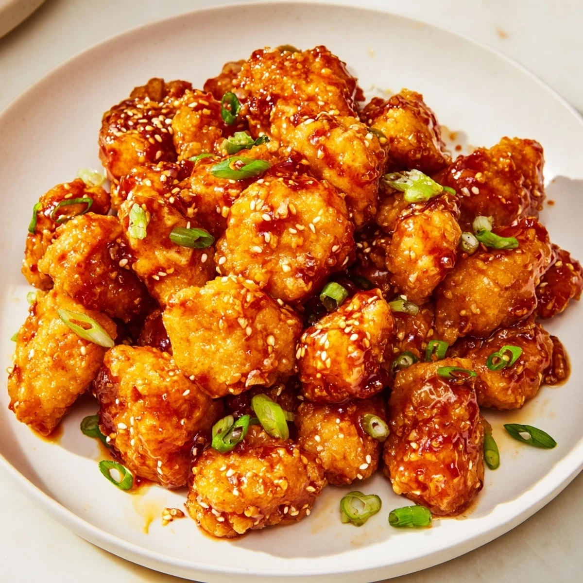 Golden-brown Honey-Sriracha Chicken Bites glistening from a sweet and spicy sauce await serving.