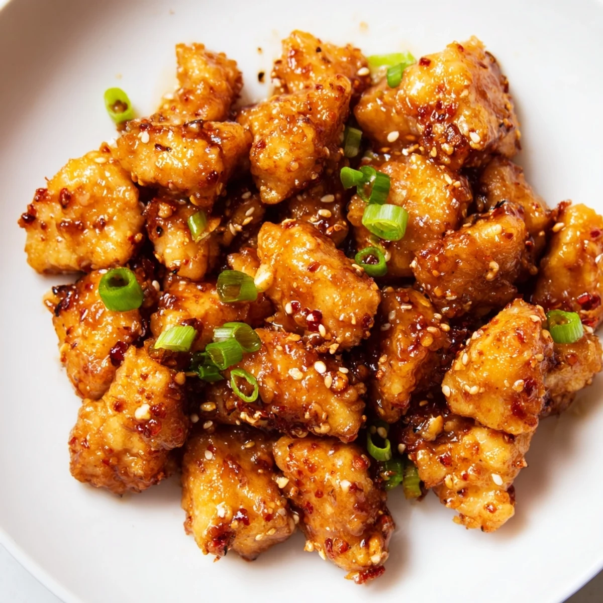 Honey-Sriracha Chicken Bites, tender inside with a caramelized glaze and sprinkled with green onions; delicious.