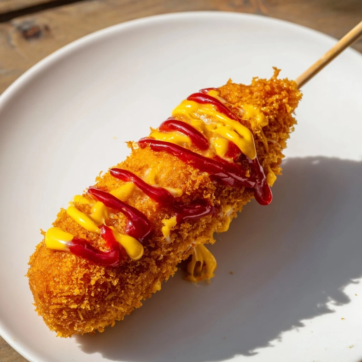 Golden-fried Cheesy Korean Corn Dogs, a delightful street food, ready to be enjoyed with ketchup and mustard.