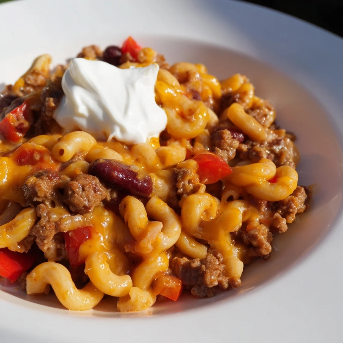 A close-up view of the rich, flavorful one-pot chili mac—a comforting, all-in-one meal.