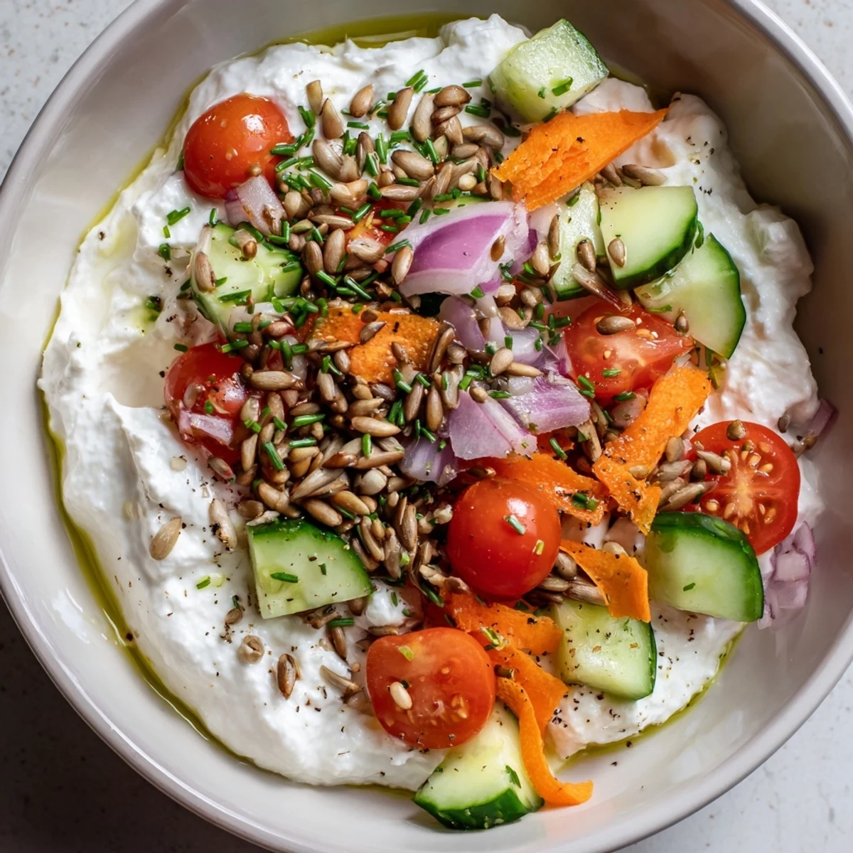 Creamy cottage cheese snack bowl with fresh vegetables, sunflower seeds, and a drizzle of olive oil.