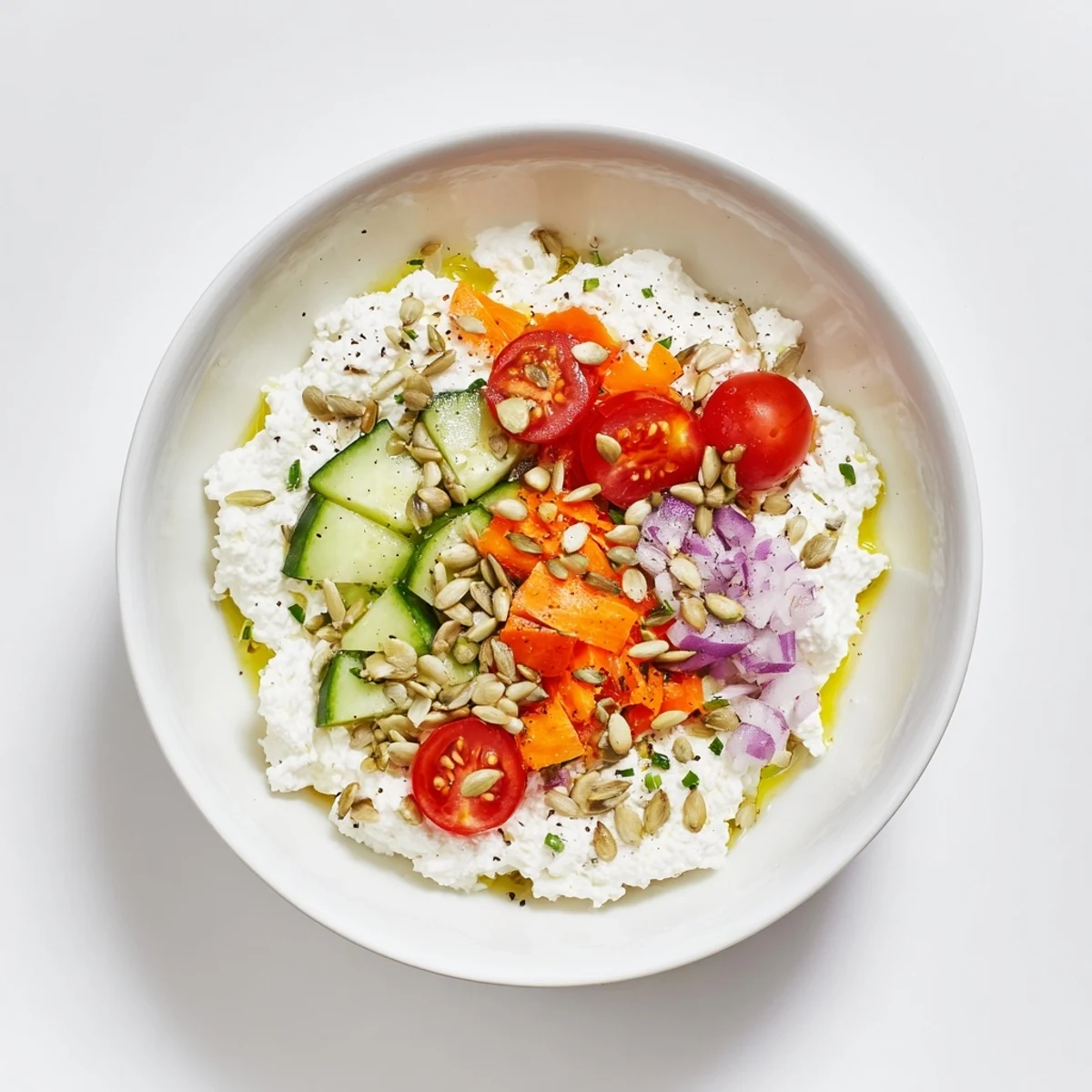 A vibrant cottage cheese snack bowl bursting with colorful tomatoes, cucumber, and protein-packed toppings.