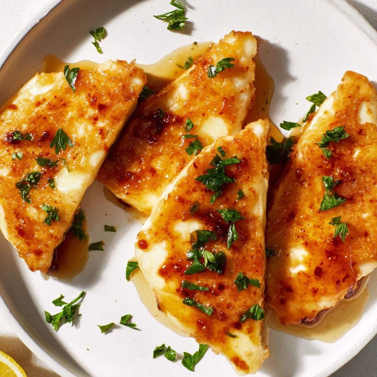 Golden-brown Hot Honey Halloumi, crispy and drizzled with a sweet and spicy honey glaze.