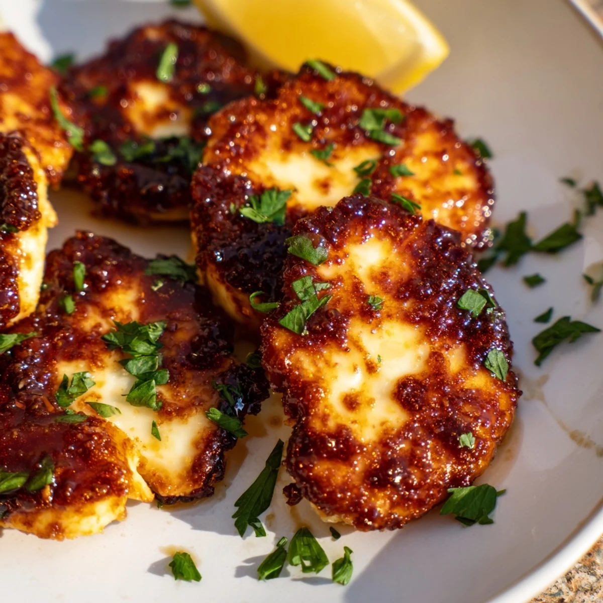 A close-up of delicious Hot Honey Halloumi, a vegetarian appetizer with a spicy honey flavor.