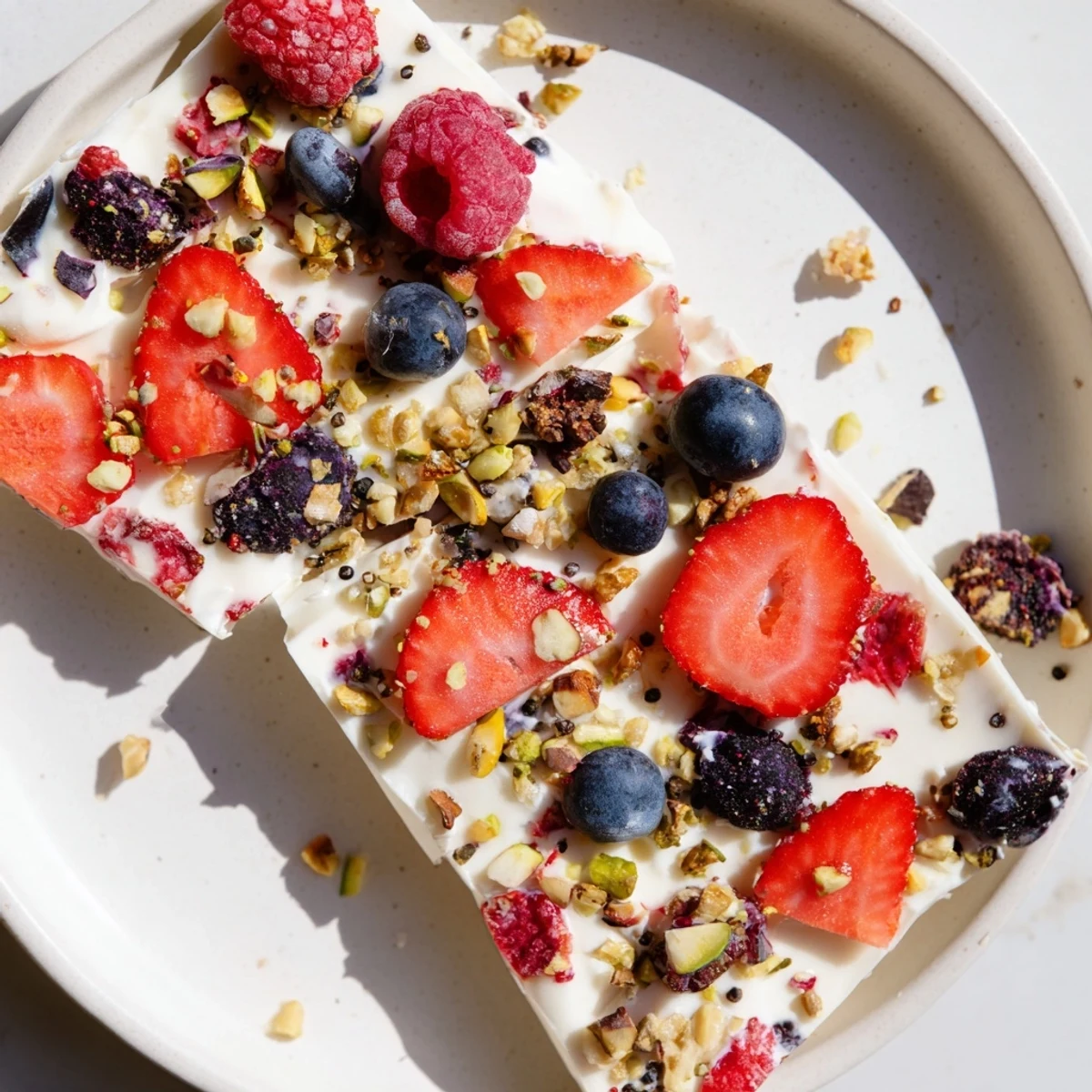 Vibrant mixed berries top this frozen fruit yogurt bark, a cool and healthy snack.