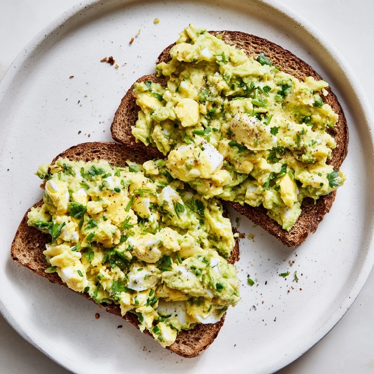 Freshly made avocado egg smash, with visible herbs, ready to be spread on warm toast.