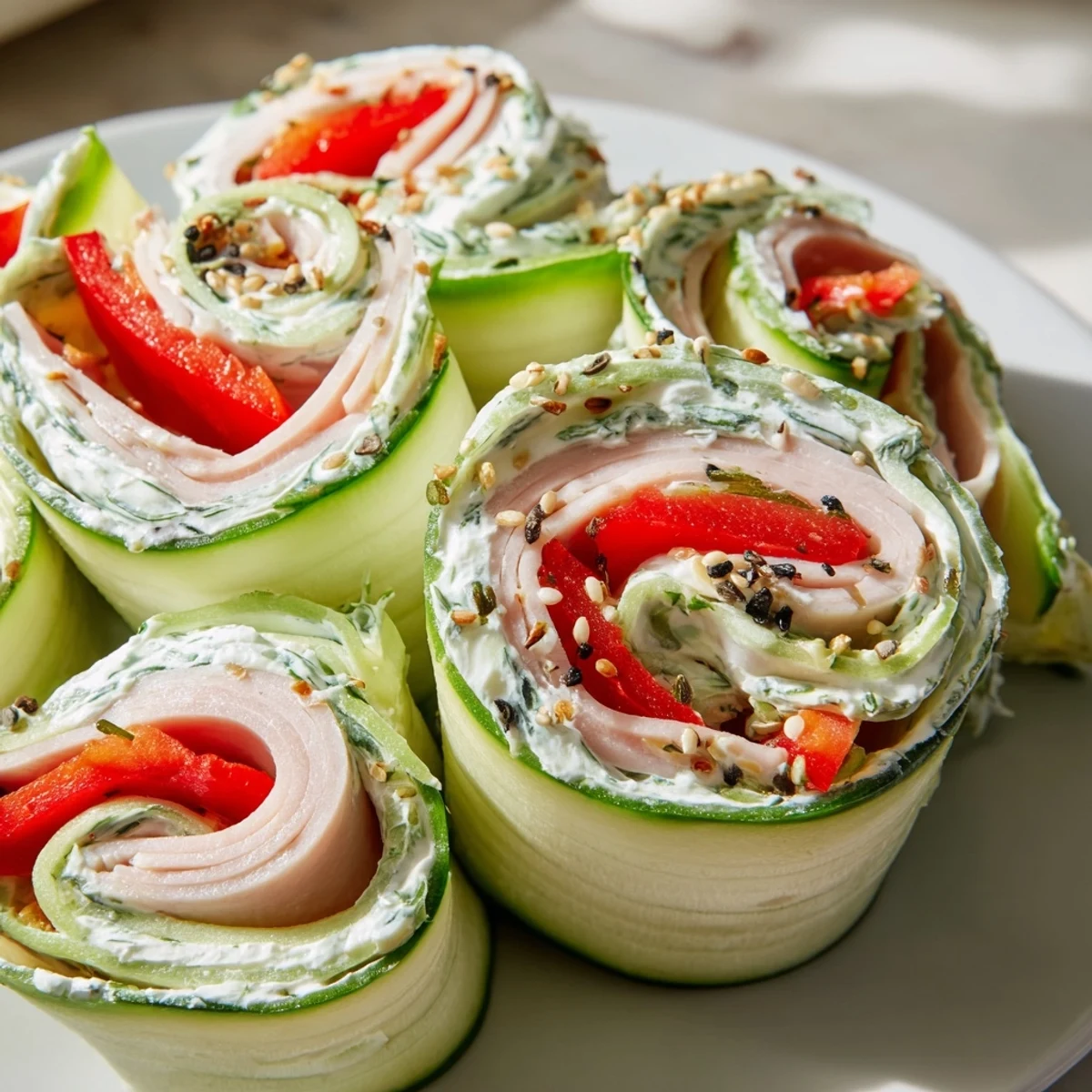 Delectable close-up of Cucumber Roll-Ups, perfect for a keto-friendly, satisfying, light lunch.