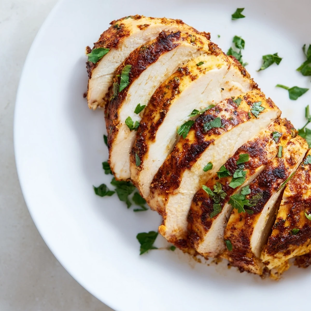 Tender Greek Yogurt Chicken, ready to serve, garnished with fresh parsley and lemon wedges.