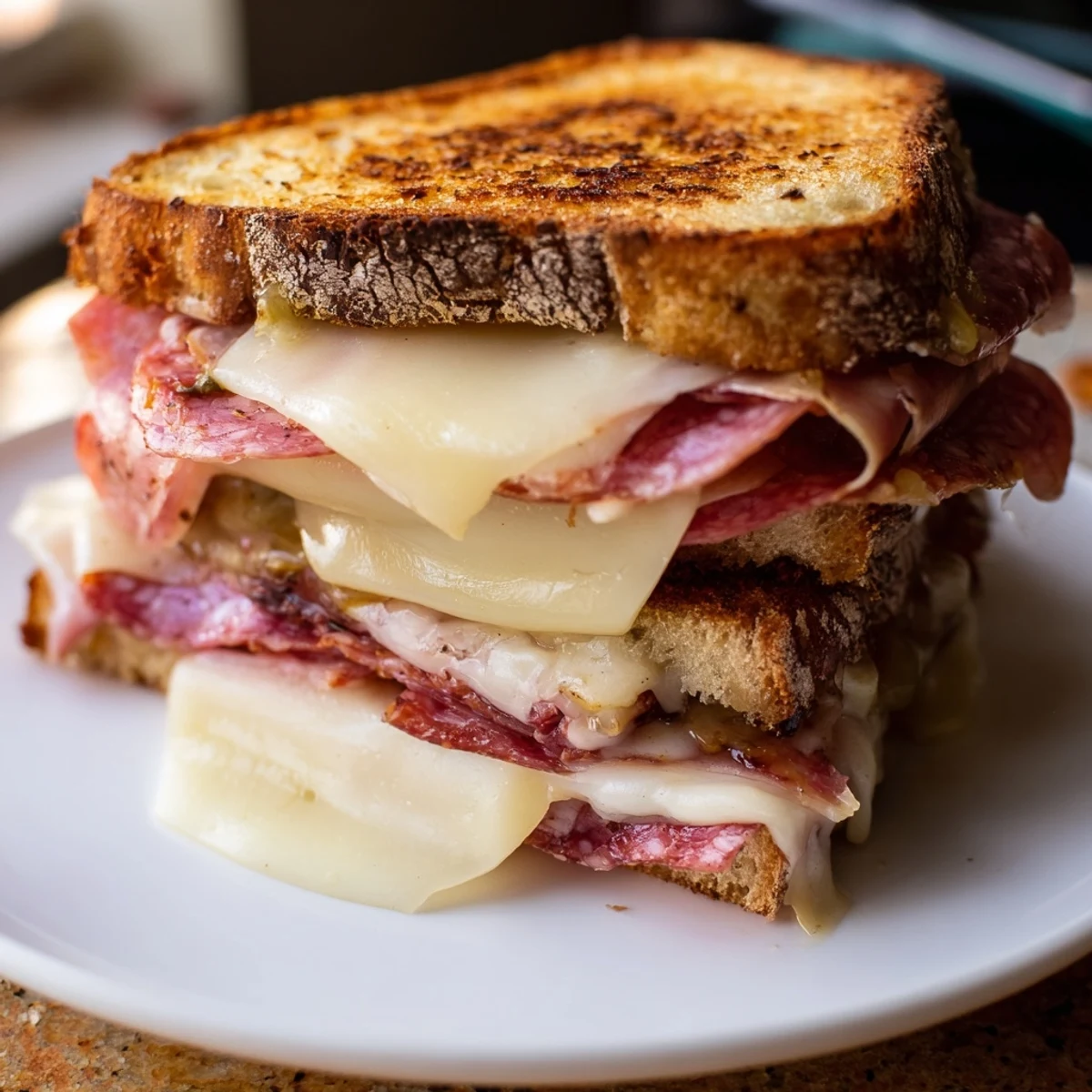Charcuterie Grilled Cheese with melted cheese oozing out, a gourmet sandwich visually appealing.