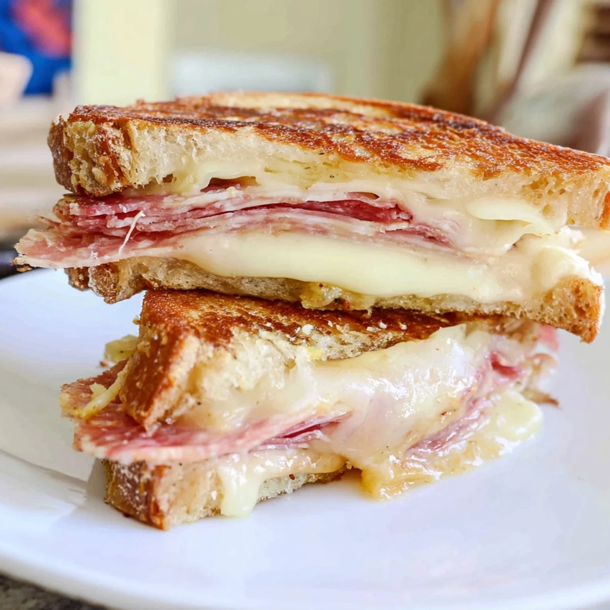 Golden-brown Charcuterie Grilled Cheese with a mix of meats and cheeses ready to serve and enjoy.