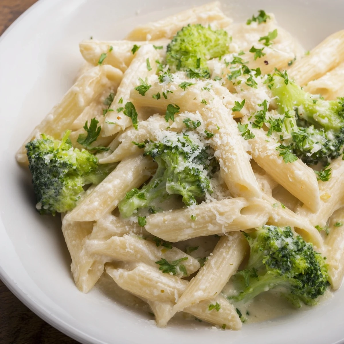 Cream Cheese Garlic Pasta glows with creamy sauce, broccoli, and inviting fresh parsley garnish.