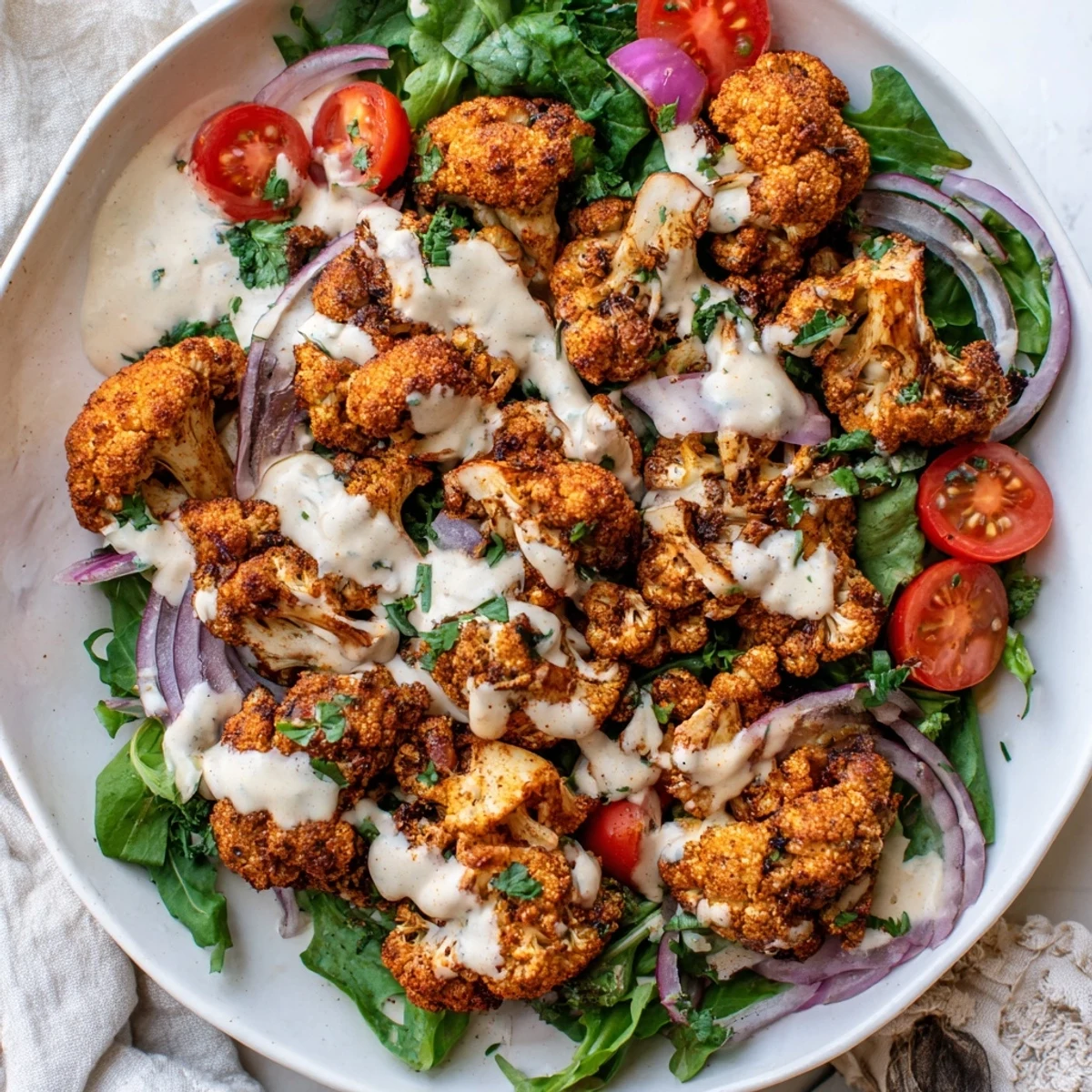 Golden air-fried Crispy Cauliflower Salad topping fresh salad with a creamy tahini sauce drizzled over.